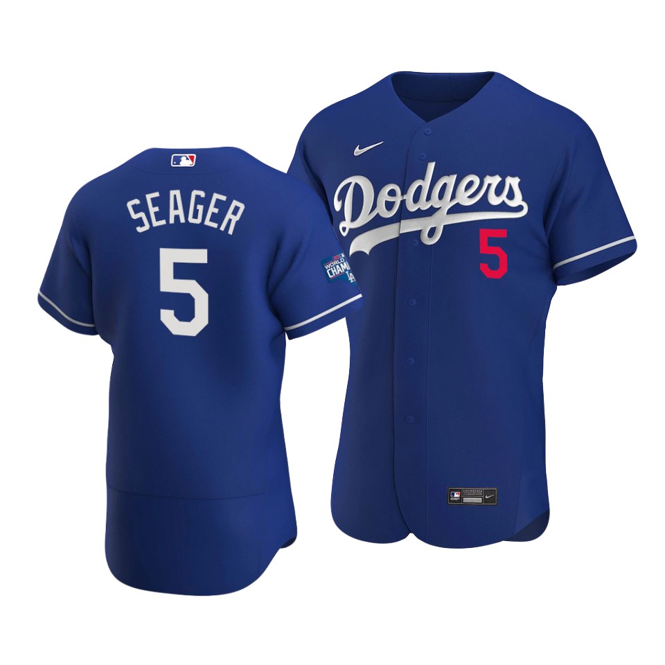 Men's Los Angeles Dodgers #5 Corey Seager 2020 Blue World Series Champions Patch Flex Base Sttiched Jersey